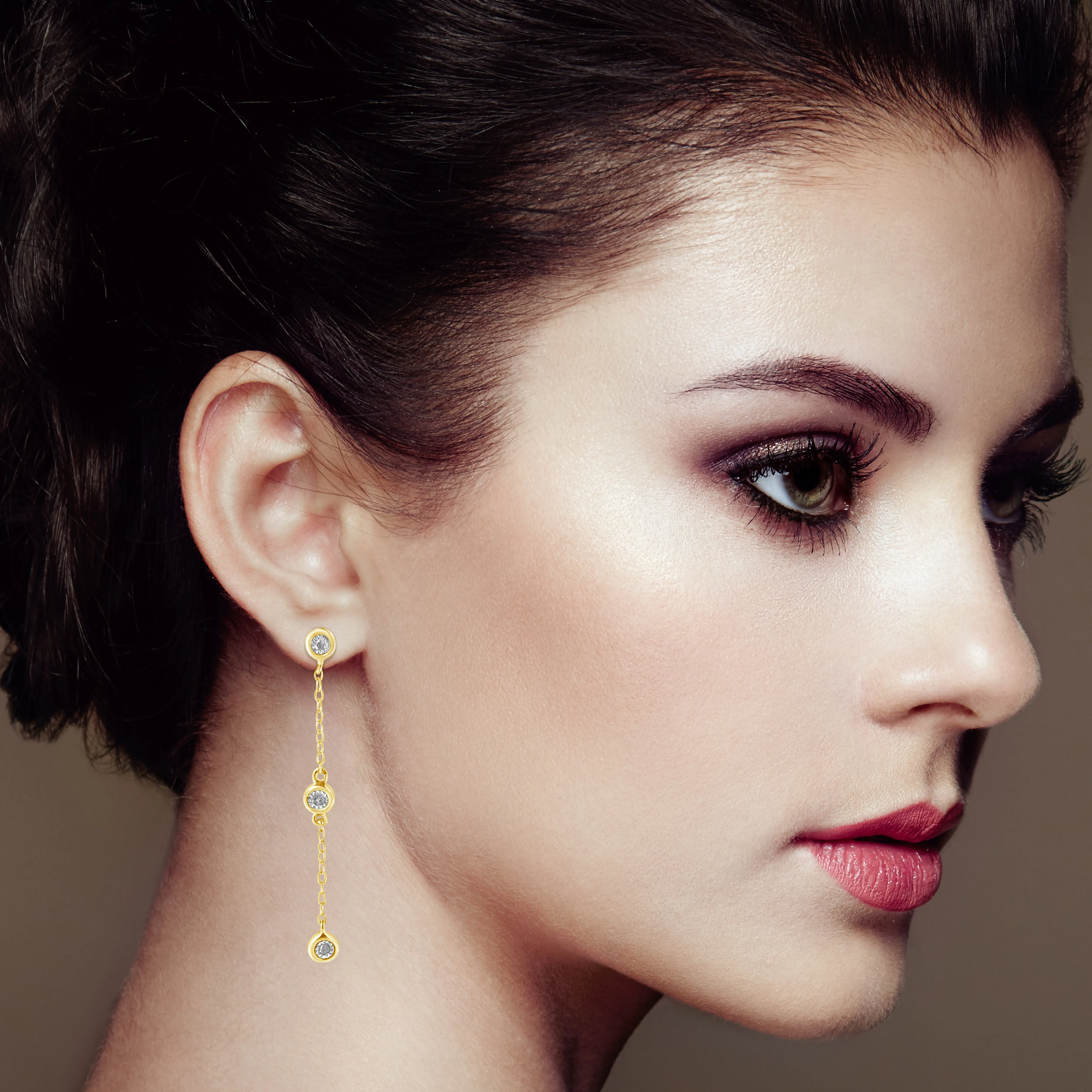 10K Yellow Gold Plated .925 Sterling Silver Miracle Set Diamond Accent 3-Stone Drop and Dangle Earring