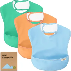 3-Pack Waterproof Baby Bibs for Eating - Lightweight Baby Bib with Food Catcher, Mess Proof Toddler Bibs, Waterproof Bibs for Baby Boys, Baby Girls, Feeding Bibs, Drool Bibs, Baby Food Bibs (Basics) Basics