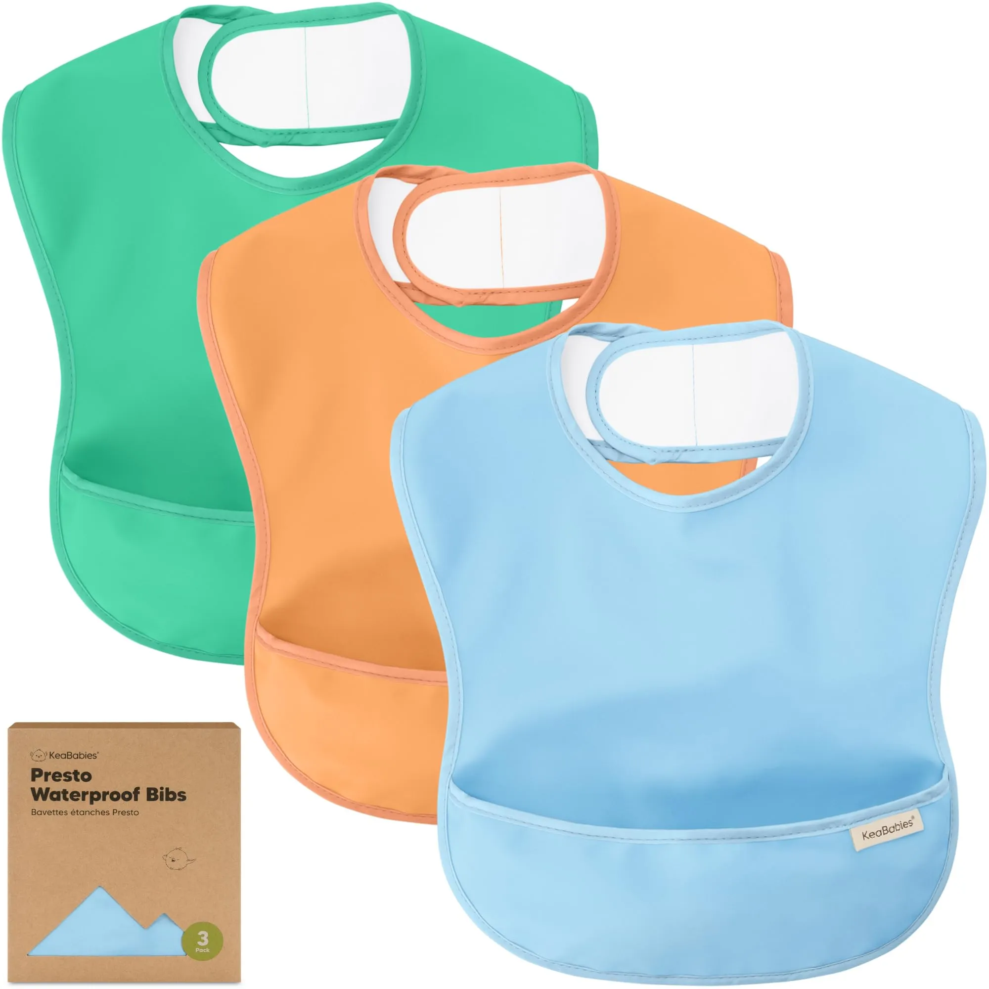 3-Pack Waterproof Baby Bibs for Eating - Lightweight Baby Bib with Food Catcher, Mess Proof Toddler Bibs, Waterproof Bibs for Baby Boys, Baby Girls, Feeding Bibs, Drool Bibs, Baby Food Bibs (Basics) Basics