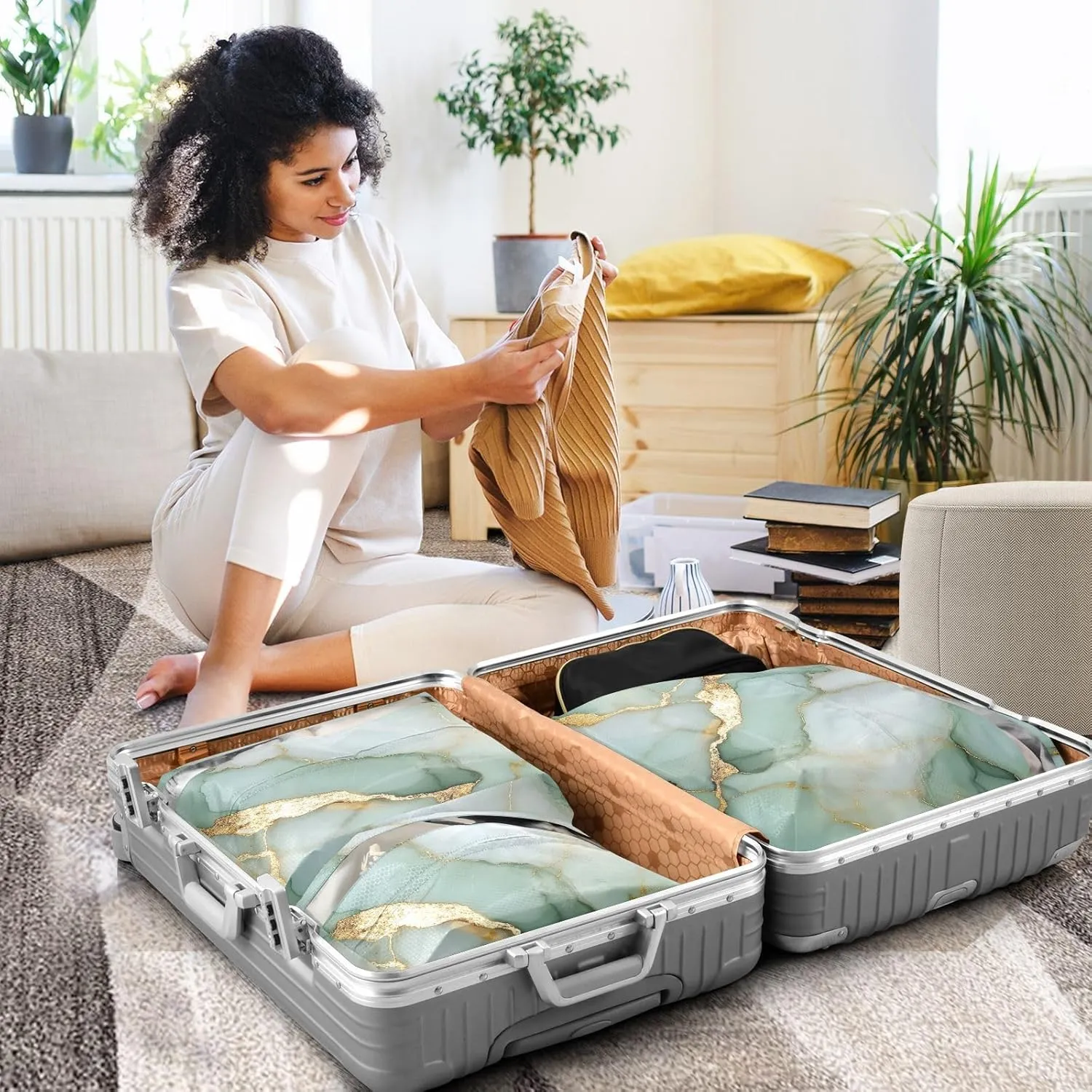3 Set Travel Packing Cubes For Suitcases, Marble Sage Green White, Stackable, Garment Bag Closet Storage, Luggage Space Saver, Organizadores De Maletas Para