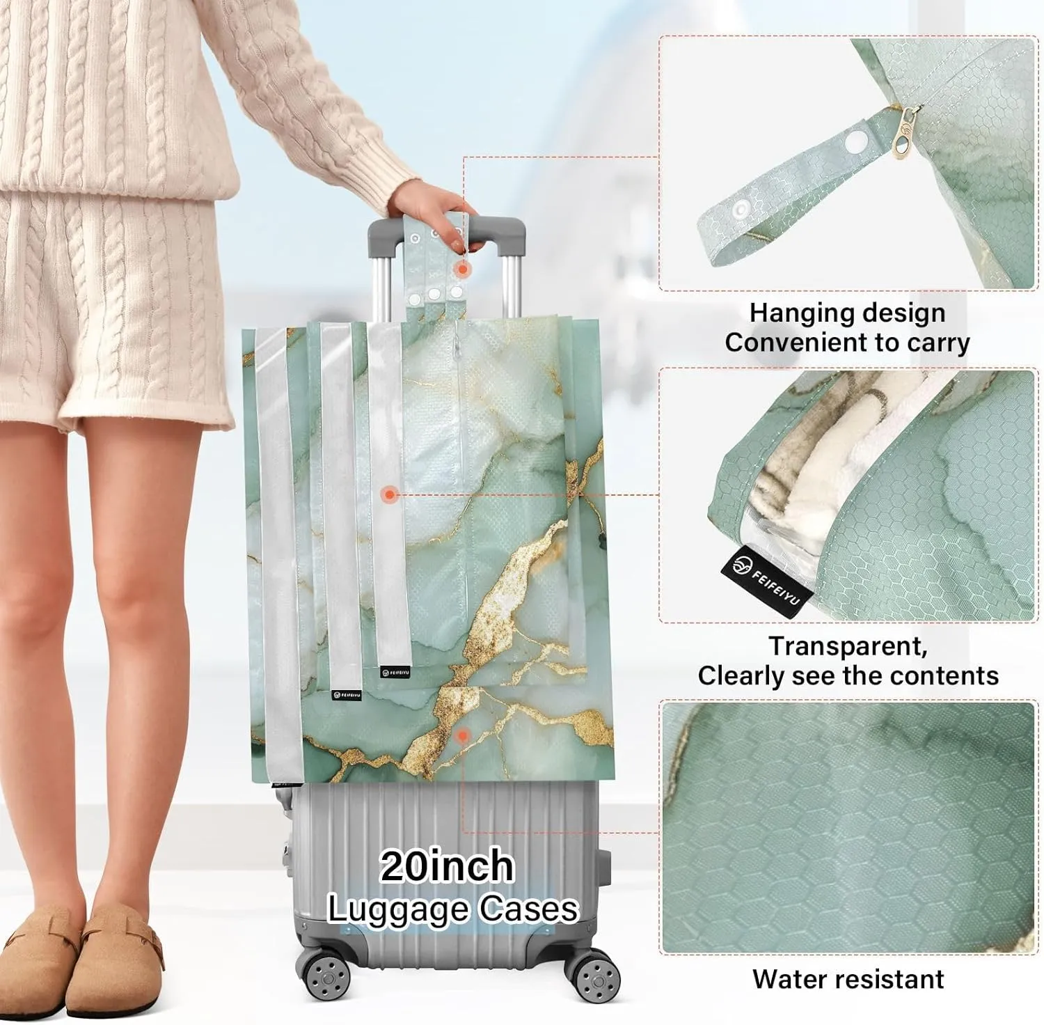 3 Set Travel Packing Cubes For Suitcases, Marble Sage Green White, Stackable, Garment Bag Closet Storage, Luggage Space Saver, Organizadores De Maletas Para