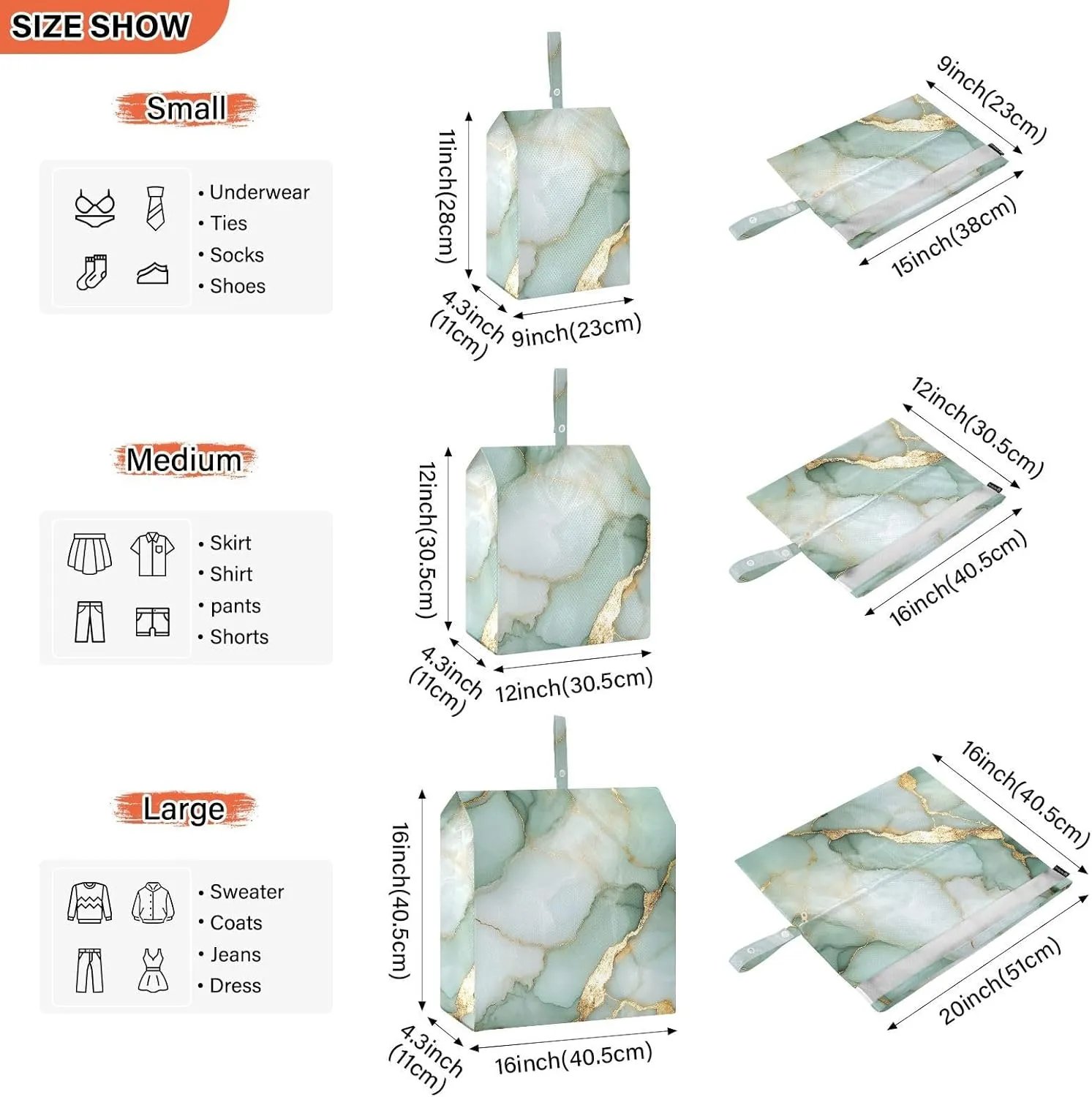 3 Set Travel Packing Cubes For Suitcases, Marble Sage Green White, Stackable, Garment Bag Closet Storage, Luggage Space Saver, Organizadores De Maletas Para
