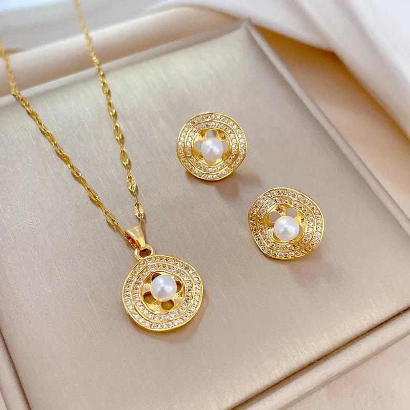 316L Stainless Steel Round Pearl Pendant Necklace Earrings For Women
