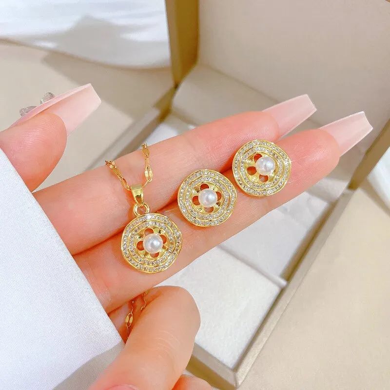 316L Stainless Steel Round Pearl Pendant Necklace Earrings For Women