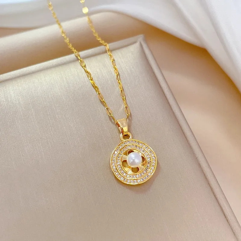 316L Stainless Steel Round Pearl Pendant Necklace Earrings For Women