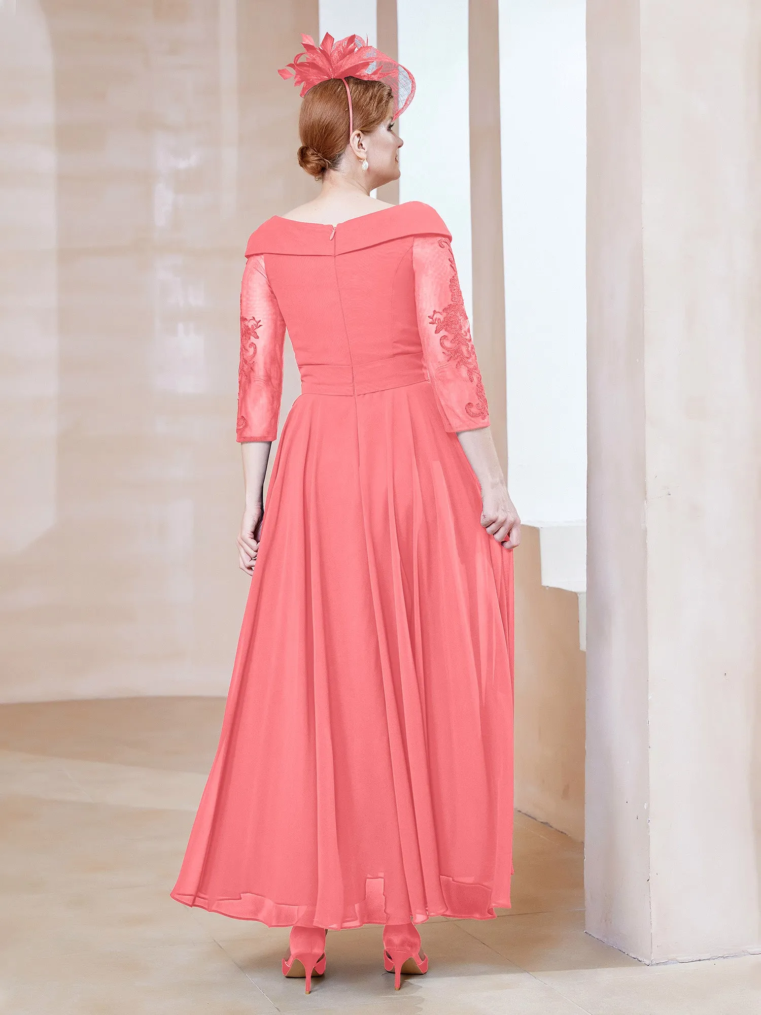 A-line V-neck Appliqued Chiffon Dress Watermelon