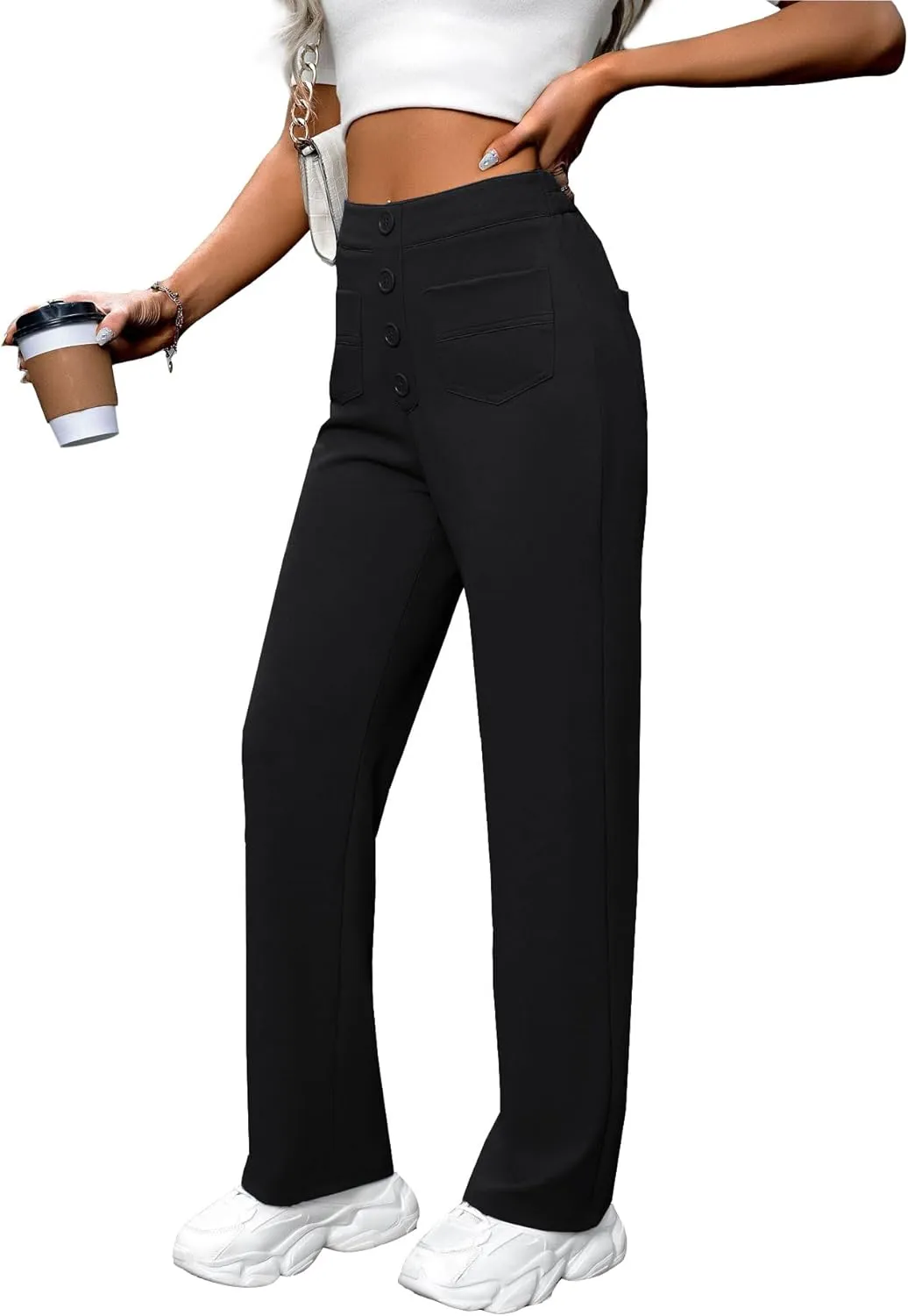 AIFARLD Straight Leg Pants for Women Flexipants High Waisted Button Stretchy Trousers Multiple Pockets Business Work Casual