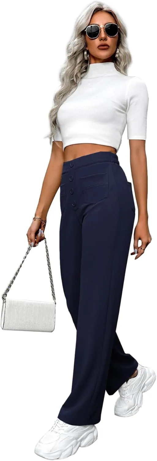 AIFARLD Straight Leg Pants for Women Flexipants High Waisted Button Stretchy Trousers Multiple Pockets Business Work Casual