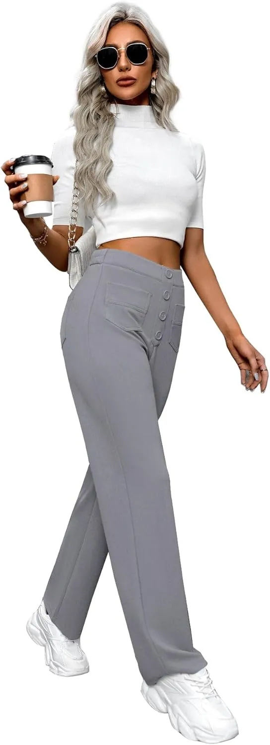 AIFARLD Straight Leg Pants for Women Flexipants High Waisted Button Stretchy Trousers Multiple Pockets Business Work Casual