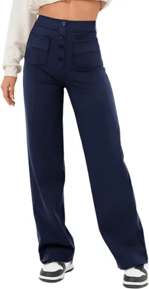 AIFARLD Straight Leg Pants for Women Flexipants High Waisted Button Stretchy Trousers Multiple Pockets Business Work Casual