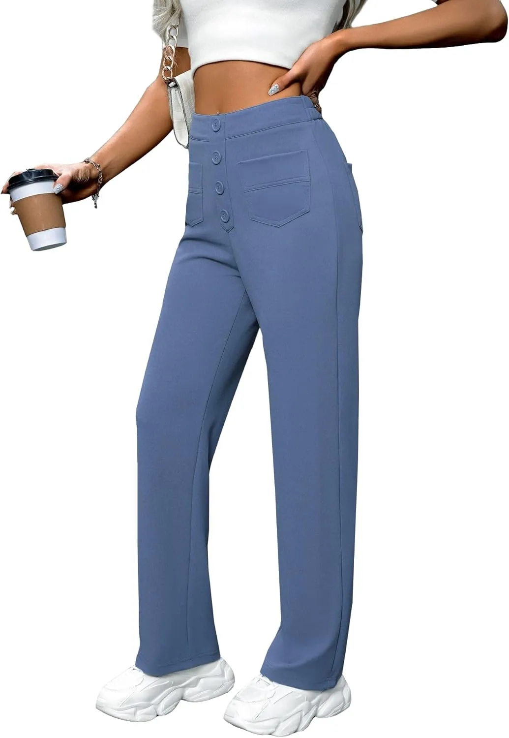 AIFARLD Straight Leg Pants for Women Flexipants High Waisted Button Stretchy Trousers Multiple Pockets Business Work Casual