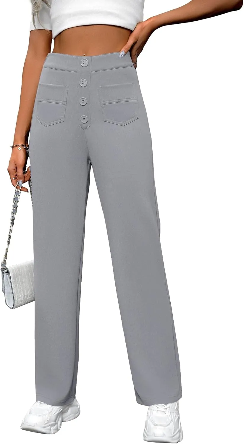 AIFARLD Straight Leg Pants for Women Flexipants High Waisted Button Stretchy Trousers Multiple Pockets Business Work Casual