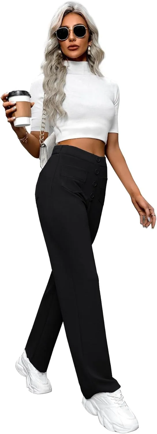 AIFARLD Straight Leg Pants for Women Flexipants High Waisted Button Stretchy Trousers Multiple Pockets Business Work Casual