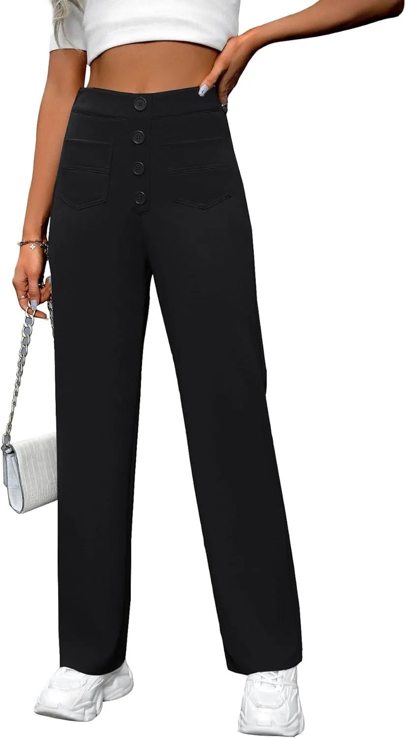 AIFARLD Straight Leg Pants for Women Flexipants High Waisted Button Stretchy Trousers Multiple Pockets Business Work Casual