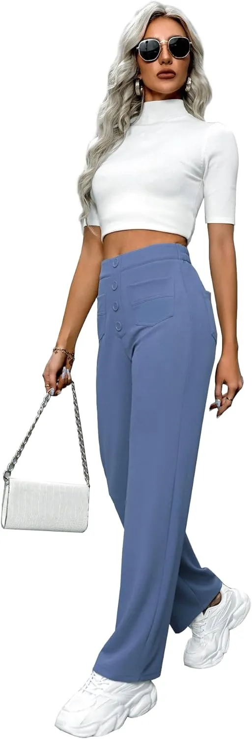 AIFARLD Straight Leg Pants for Women Flexipants High Waisted Button Stretchy Trousers Multiple Pockets Business Work Casual