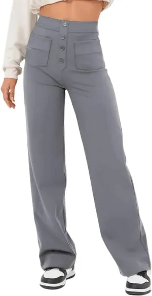 AIFARLD Straight Leg Pants for Women Flexipants High Waisted Button Stretchy Trousers Multiple Pockets Business Work Casual