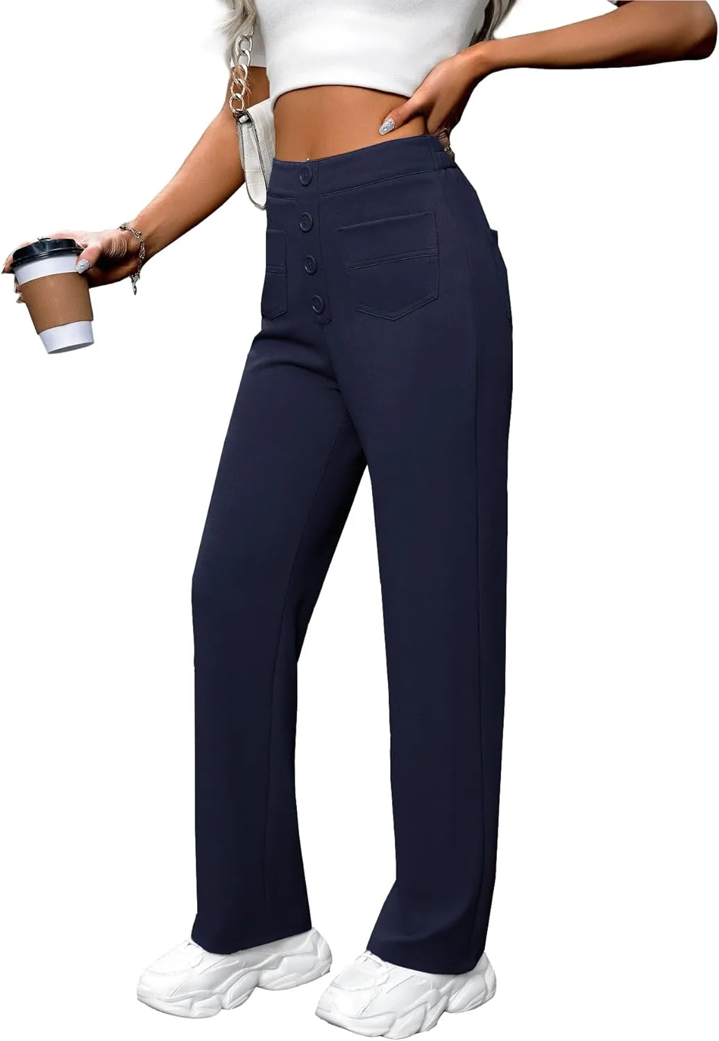 AIFARLD Straight Leg Pants for Women Flexipants High Waisted Button Stretchy Trousers Multiple Pockets Business Work Casual