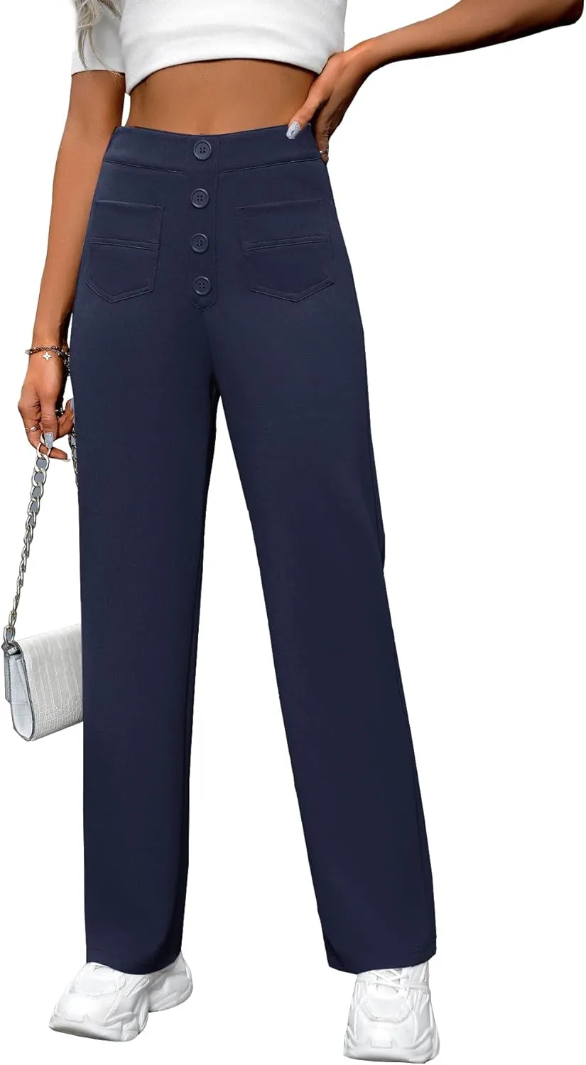 AIFARLD Straight Leg Pants for Women Flexipants High Waisted Button Stretchy Trousers Multiple Pockets Business Work Casual