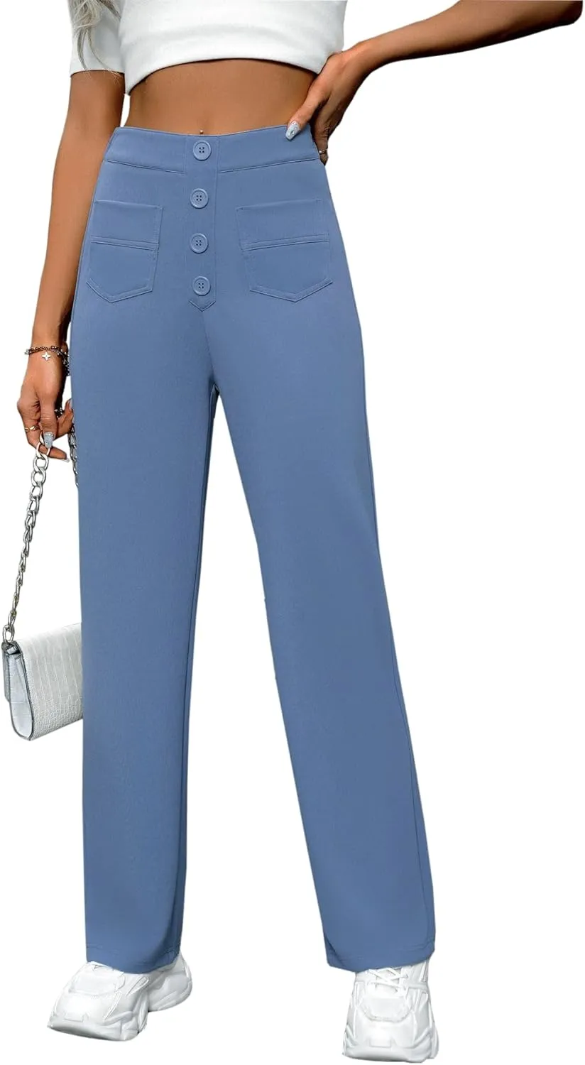 AIFARLD Straight Leg Pants for Women Flexipants High Waisted Button Stretchy Trousers Multiple Pockets Business Work Casual