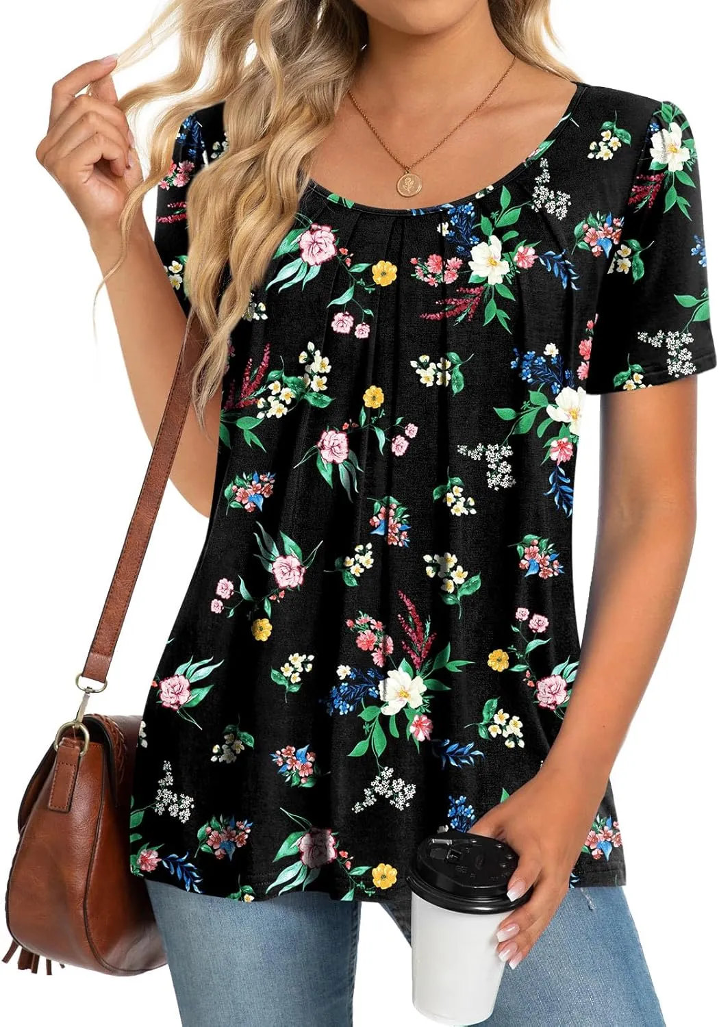 Anymeet Womens Summer Tops Casual Shirts Pleated Tunic M-3XL