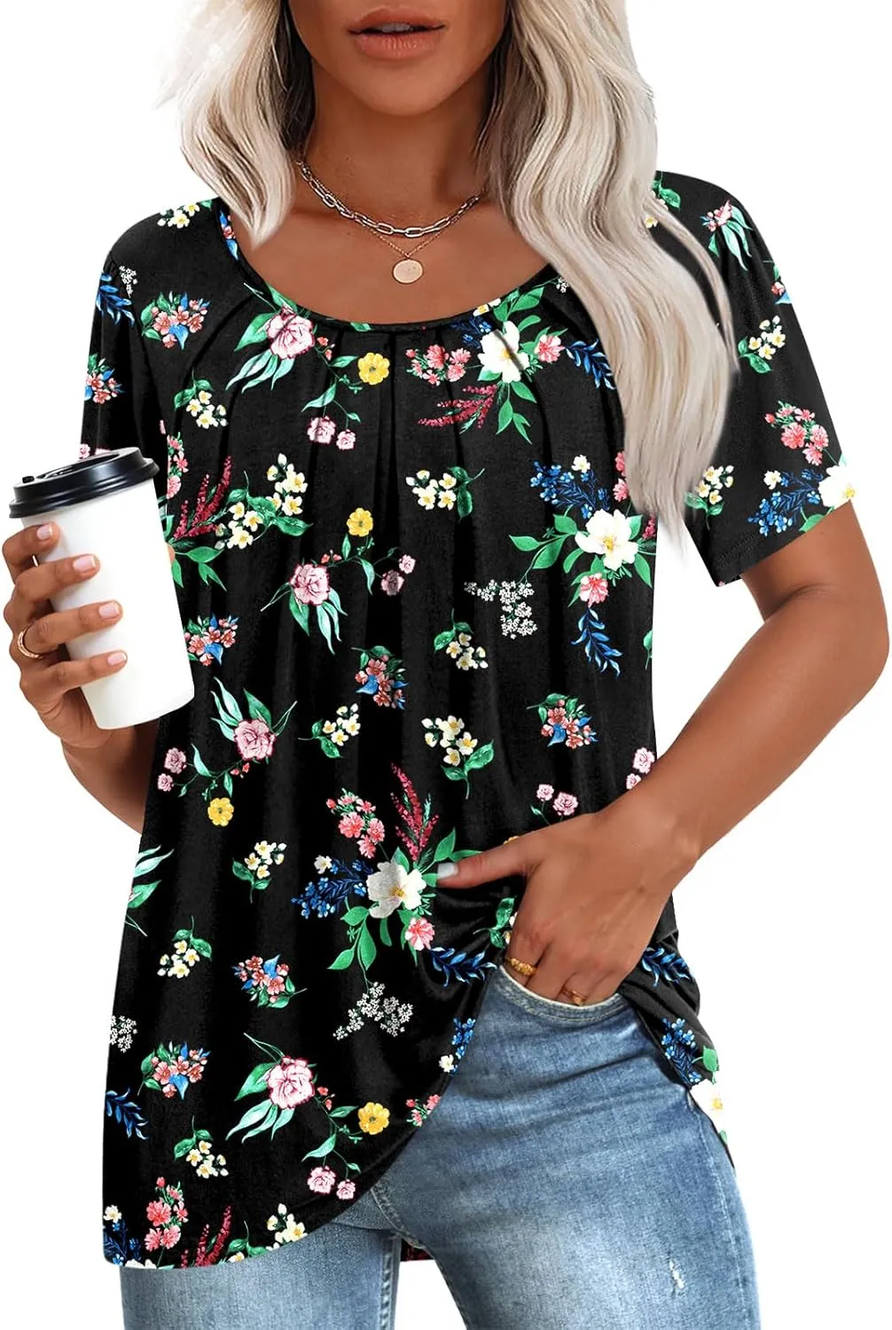 Anymeet Womens Summer Tops Casual Shirts Pleated Tunic M-3XL