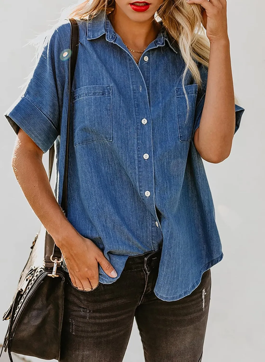 Astylish Womens Button Down Shirts V Neck Loose Casual Shirt