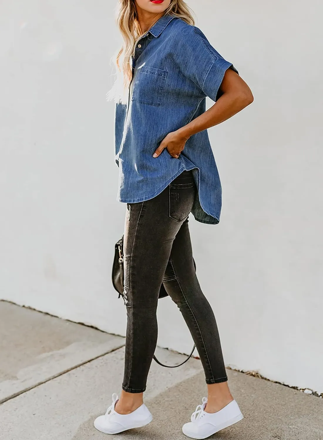 Astylish Womens Button Down Shirts V Neck Loose Casual Shirt