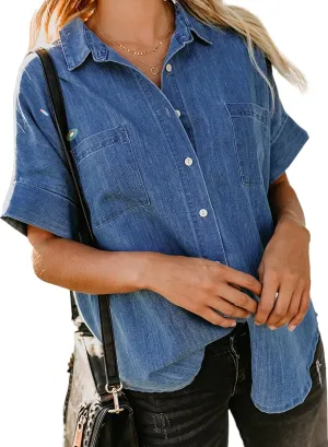 Astylish Womens Button Down Shirts V Neck Loose Casual Shirt