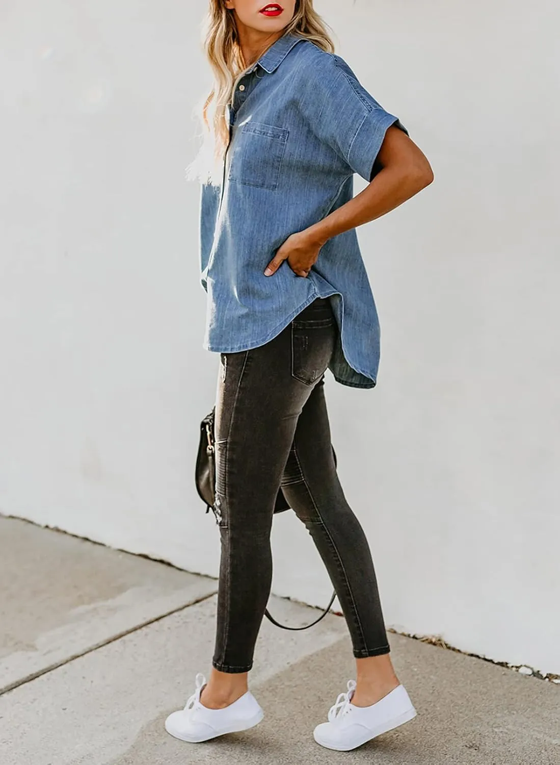 Astylish Womens Button Down Shirts V Neck Loose Casual Shirt