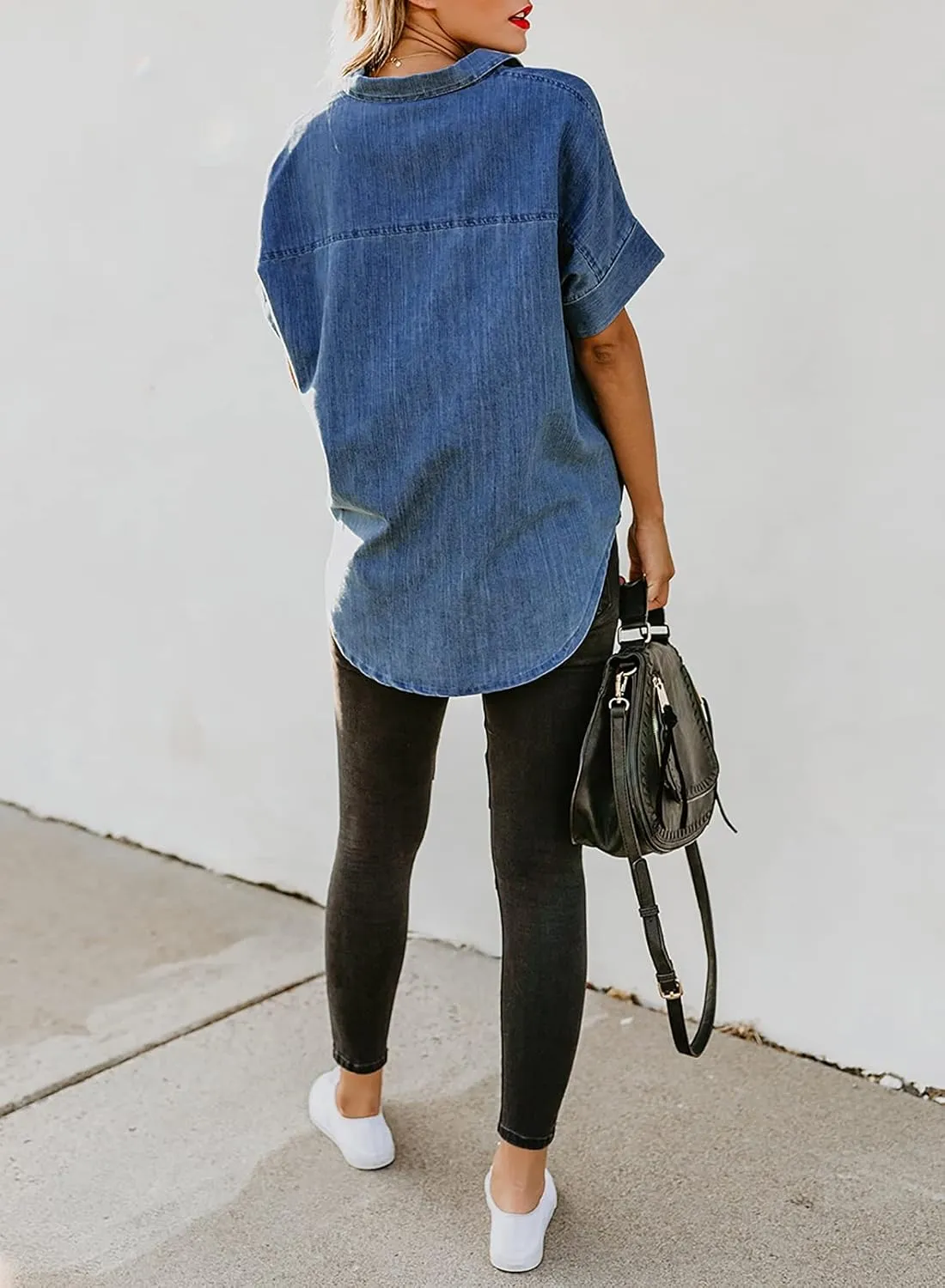 Astylish Womens Button Down Shirts V Neck Loose Casual Shirt