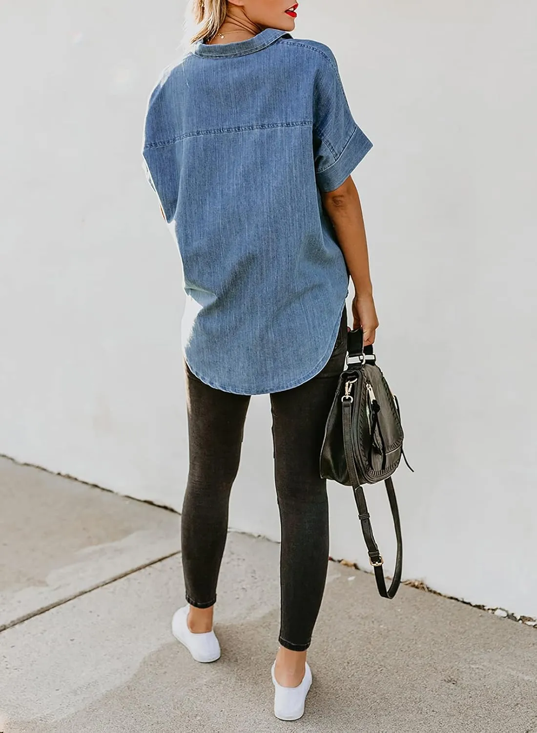 Astylish Womens Button Down Shirts V Neck Loose Casual Shirt