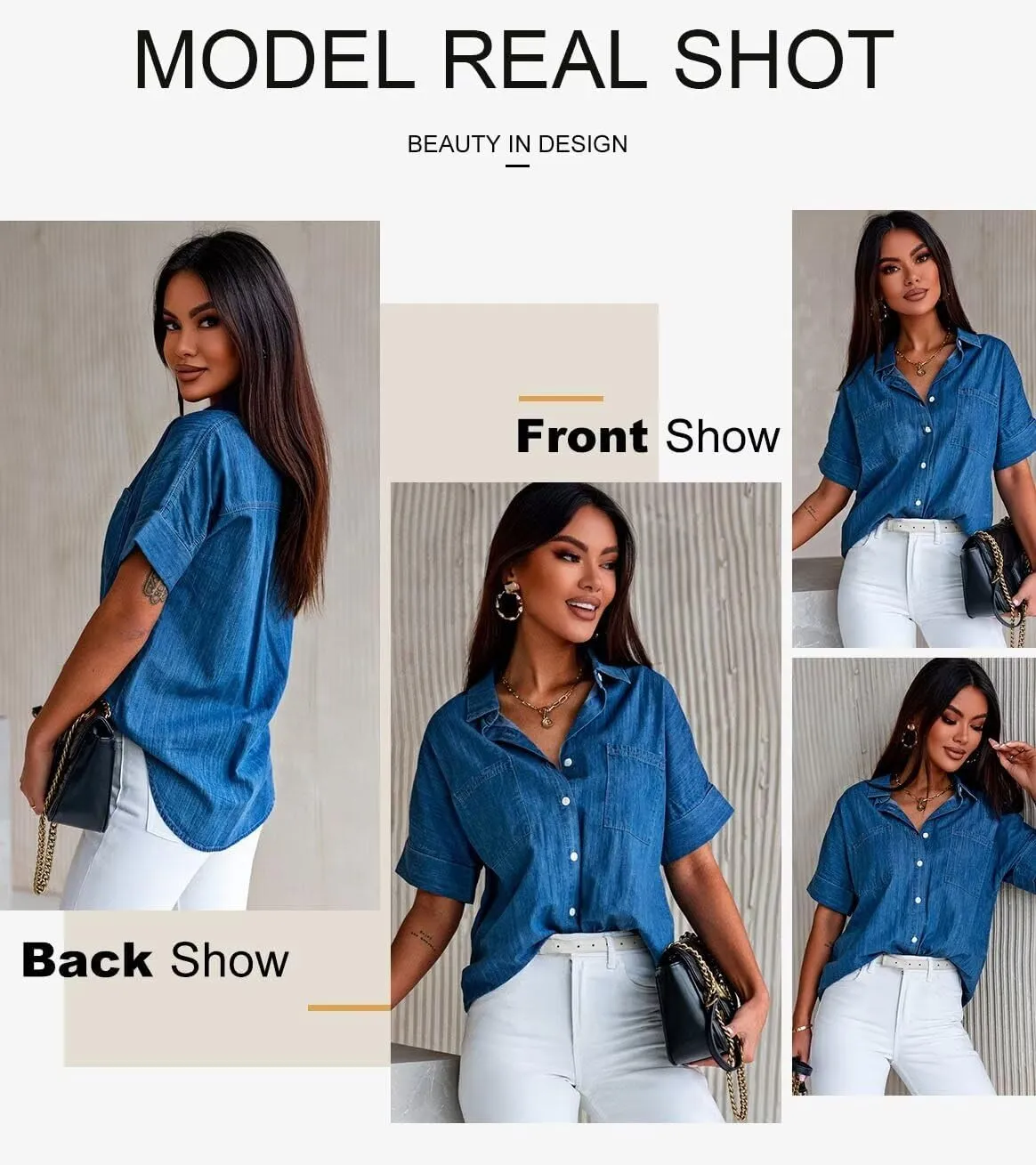 Astylish Womens Button Down Shirts V Neck Loose Casual Shirt