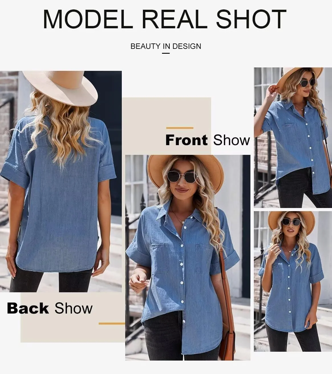 Astylish Womens Button Down Shirts V Neck Loose Casual Shirt