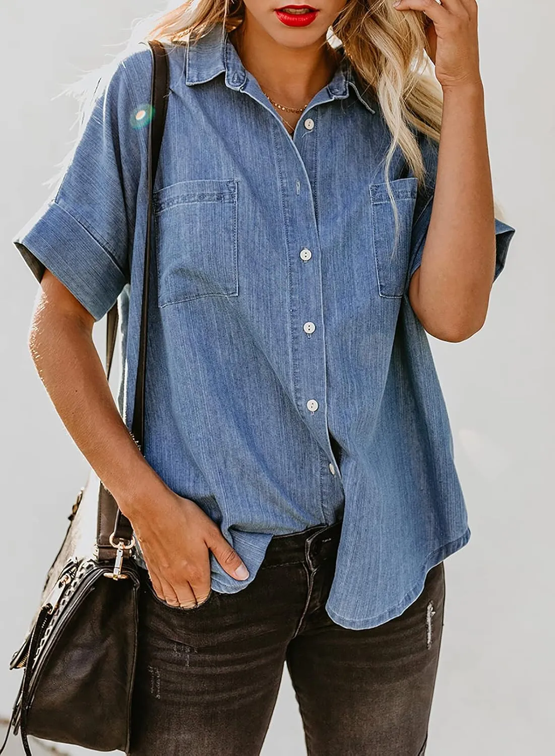 Astylish Womens Button Down Shirts V Neck Loose Casual Shirt