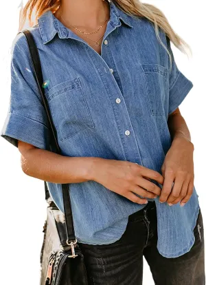 Astylish Womens Button Down Shirts V Neck Loose Casual Shirt