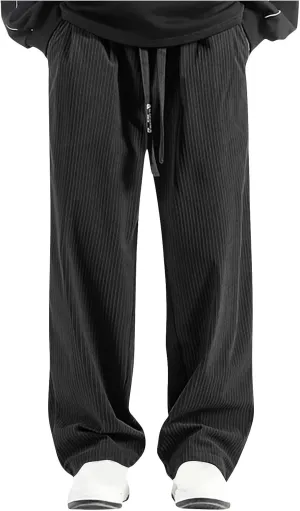 Aymnlox Mens Relaxed Fit Pants Casual Solid Vintage Drawstring Chino Trousers Straight Leg Elastic Waist Running Jogger Pants