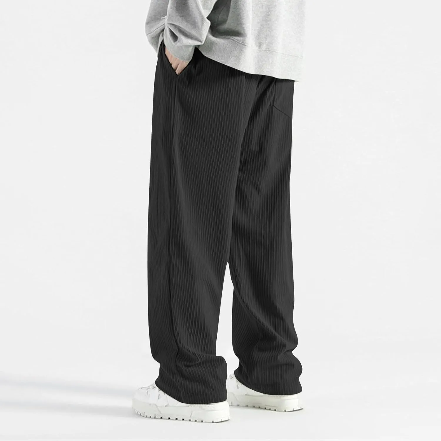 Aymnlox Mens Relaxed Fit Pants Casual Solid Vintage Drawstring Chino Trousers Straight Leg Elastic Waist Running Jogger Pants