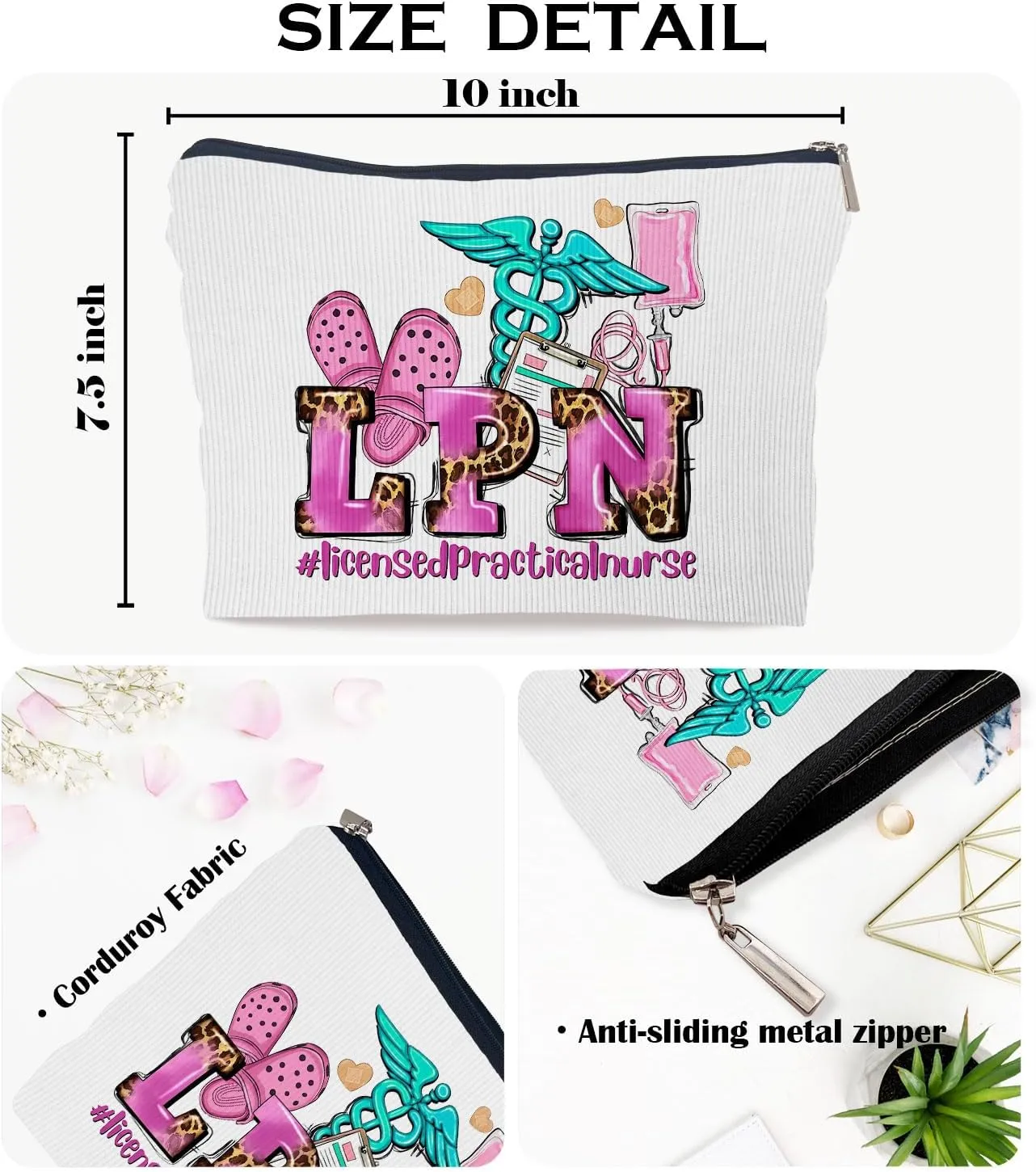 Ayxvt LPN Licensed Practical Nurse Corduroy Cosmetic Bag,Retro Gorgeous Pink Leopard Clipart Decorative Makeup Bag Zipper Pouch Toiletry,Nurse's Day Nurse Graduation Gifts for Women GirlsCorduroy