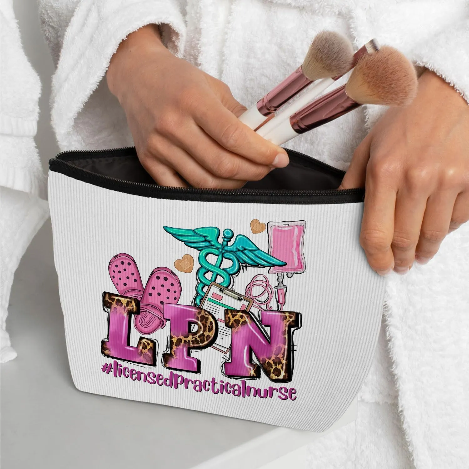 Ayxvt LPN Licensed Practical Nurse Corduroy Cosmetic Bag,Retro Gorgeous Pink Leopard Clipart Decorative Makeup Bag Zipper Pouch Toiletry,Nurse's Day Nurse Graduation Gifts for Women GirlsCorduroy