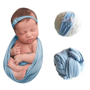 Babymoon Jersey Stretchable Baby Photography Shoot Wrap Cloth With Hairband - Light Blue