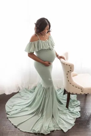 Babymoon Off Shoulder Maternity Gown Dress - Green