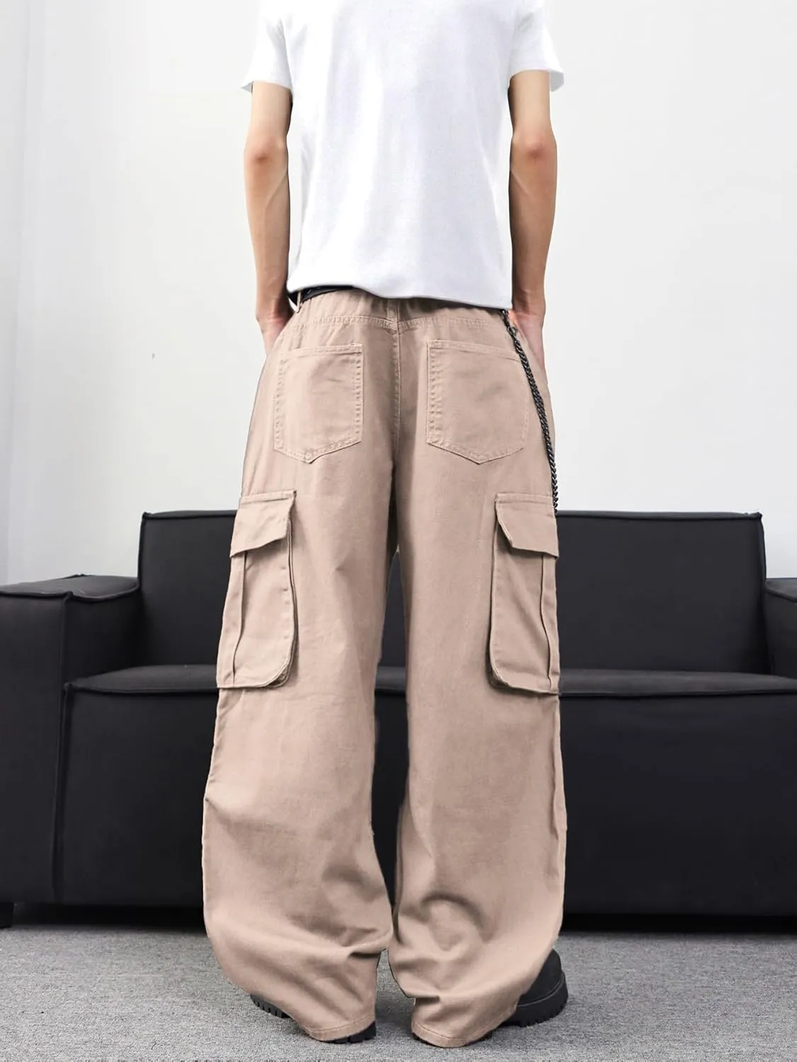 Baggy Denim Cargo Pants for Men with Pockets Mid Weight Wide Leg Hip Hop Skater Jeans Streetwear