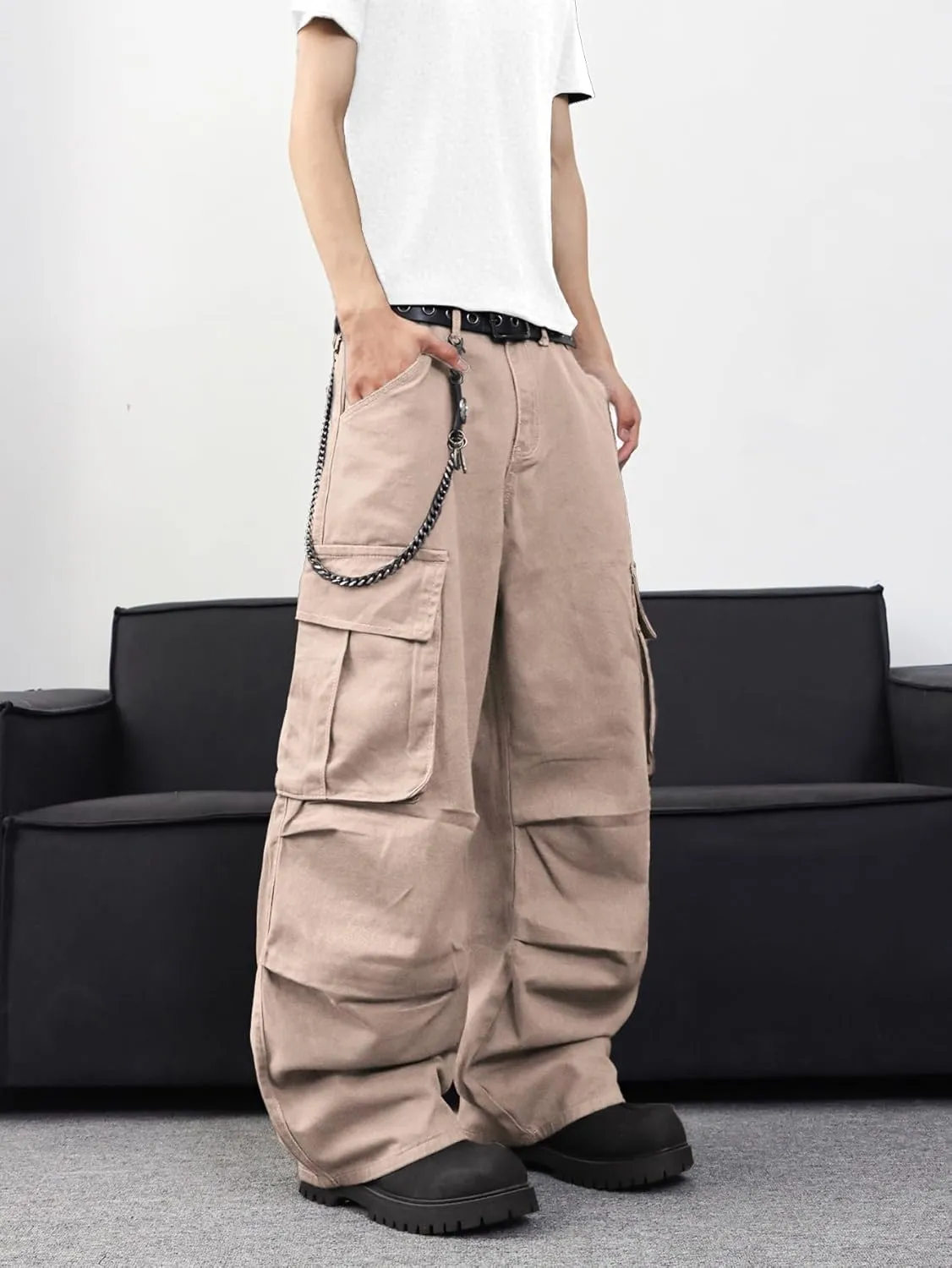 Baggy Denim Cargo Pants for Men with Pockets Mid Weight Wide Leg Hip Hop Skater Jeans Streetwear