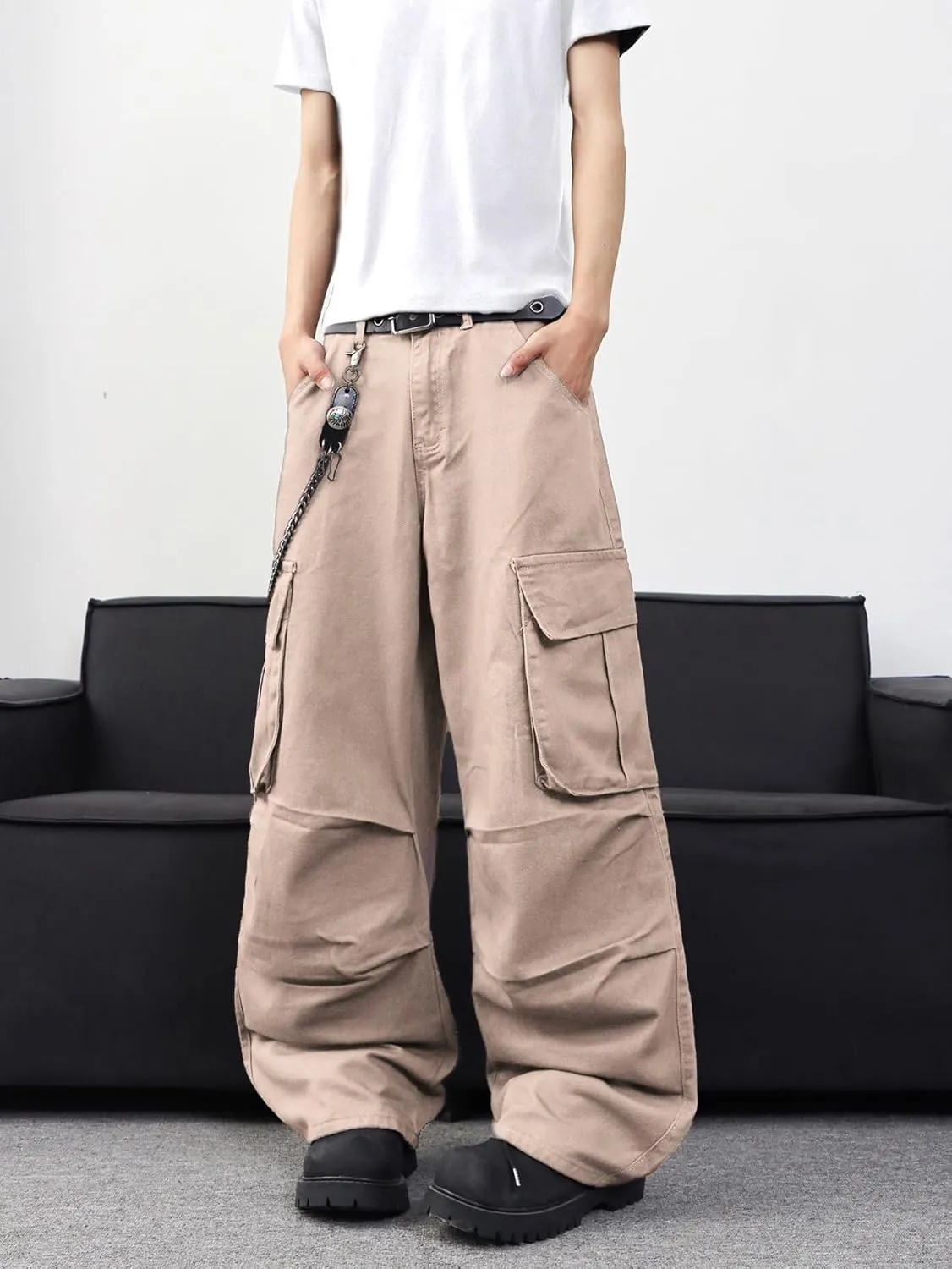Baggy Denim Cargo Pants for Men with Pockets Mid Weight Wide Leg Hip Hop Skater Jeans Streetwear