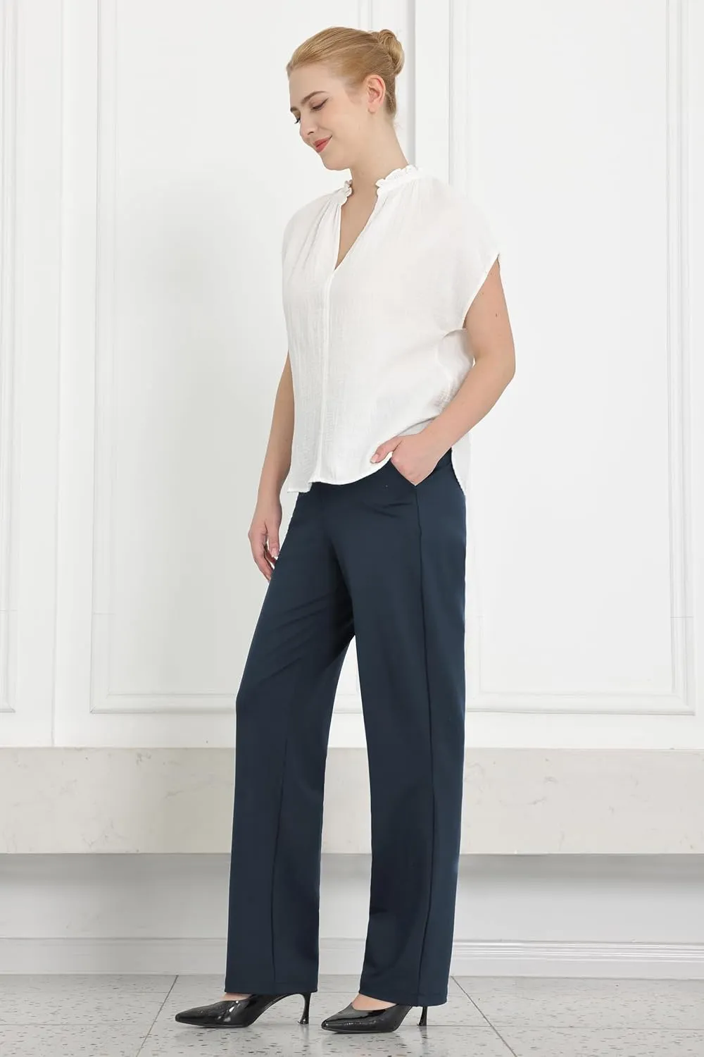 Bamans Womens Dress Pants Flare Leggings Work Office Pants Wide Leg Slacks High Waist Bootcut Business Trousers