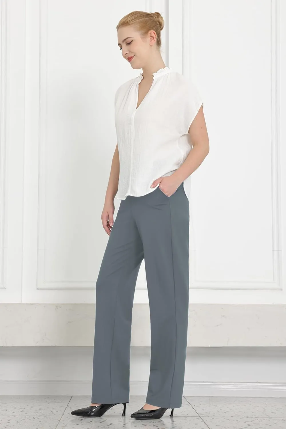 Bamans Womens Dress Pants Flare Leggings Work Office Pants Wide Leg Slacks High Waist Bootcut Business Trousers
