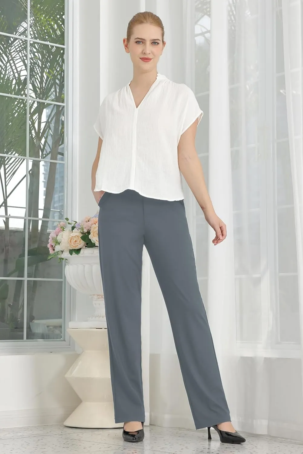 Bamans Womens Dress Pants Flare Leggings Work Office Pants Wide Leg Slacks High Waist Bootcut Business Trousers