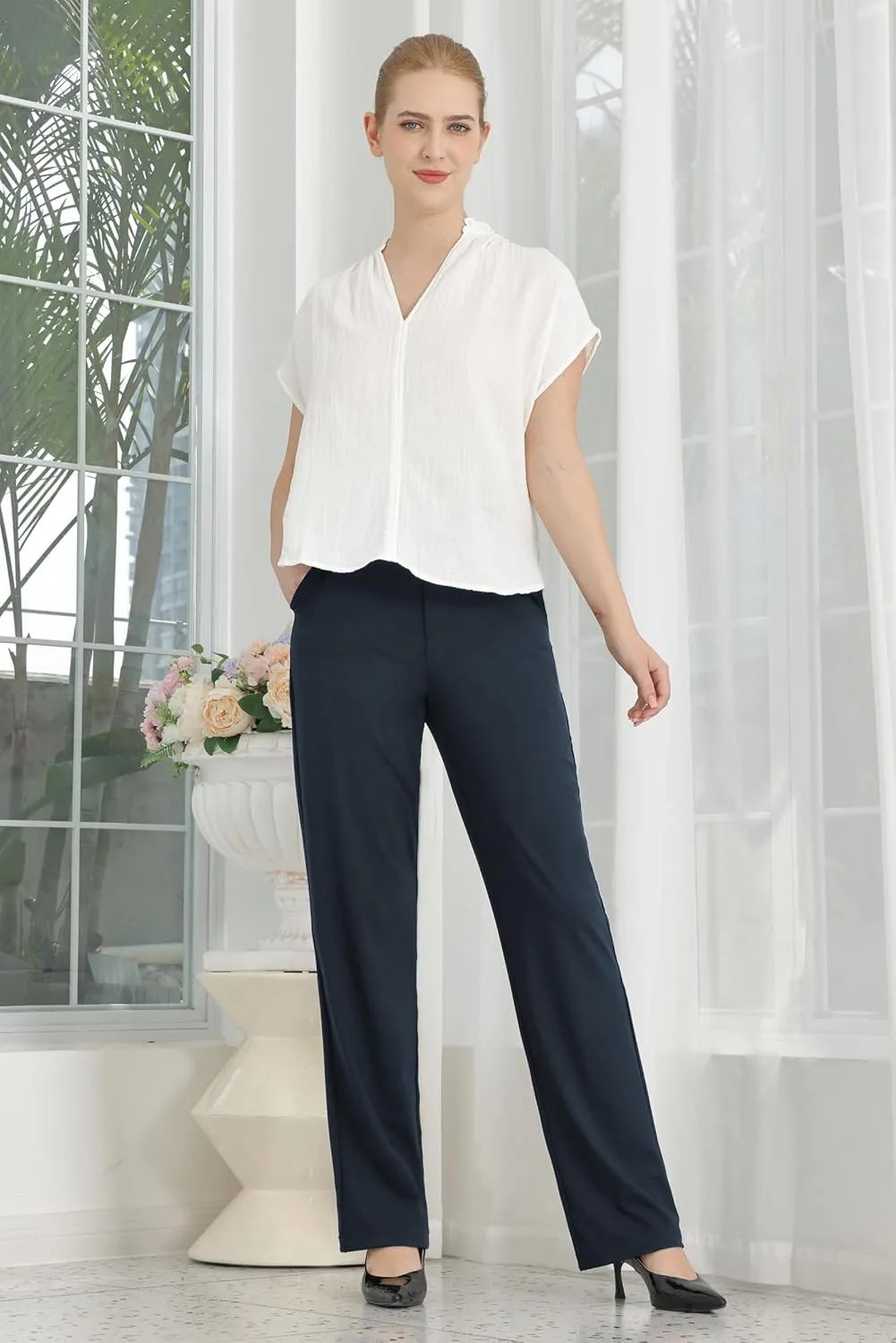 Bamans Womens Dress Pants Flare Leggings Work Office Pants Wide Leg Slacks High Waist Bootcut Business Trousers