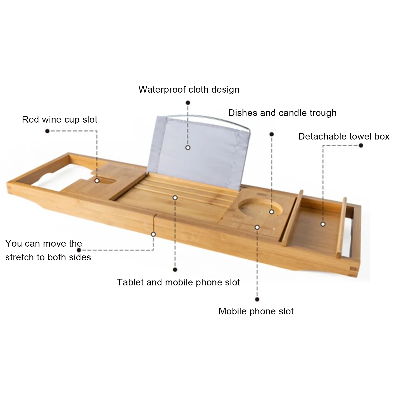 Bamboo Multifunctional Bathroom Tub Holder Retractable Non-slip Bathtub Shelf Holds Book, Wine, Phone, Pad