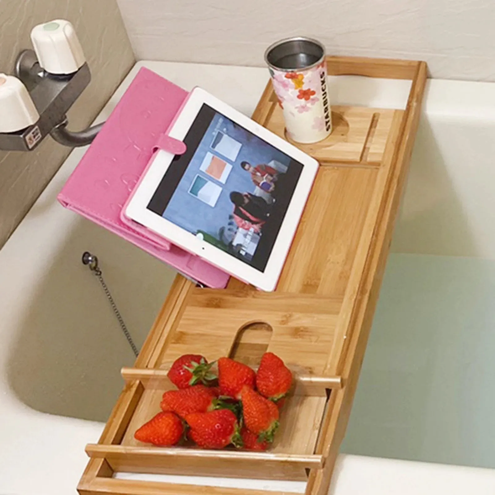 Bamboo Multifunctional Bathroom Tub Holder Retractable Non-slip Bathtub Shelf Holds Book, Wine, Phone, Pad